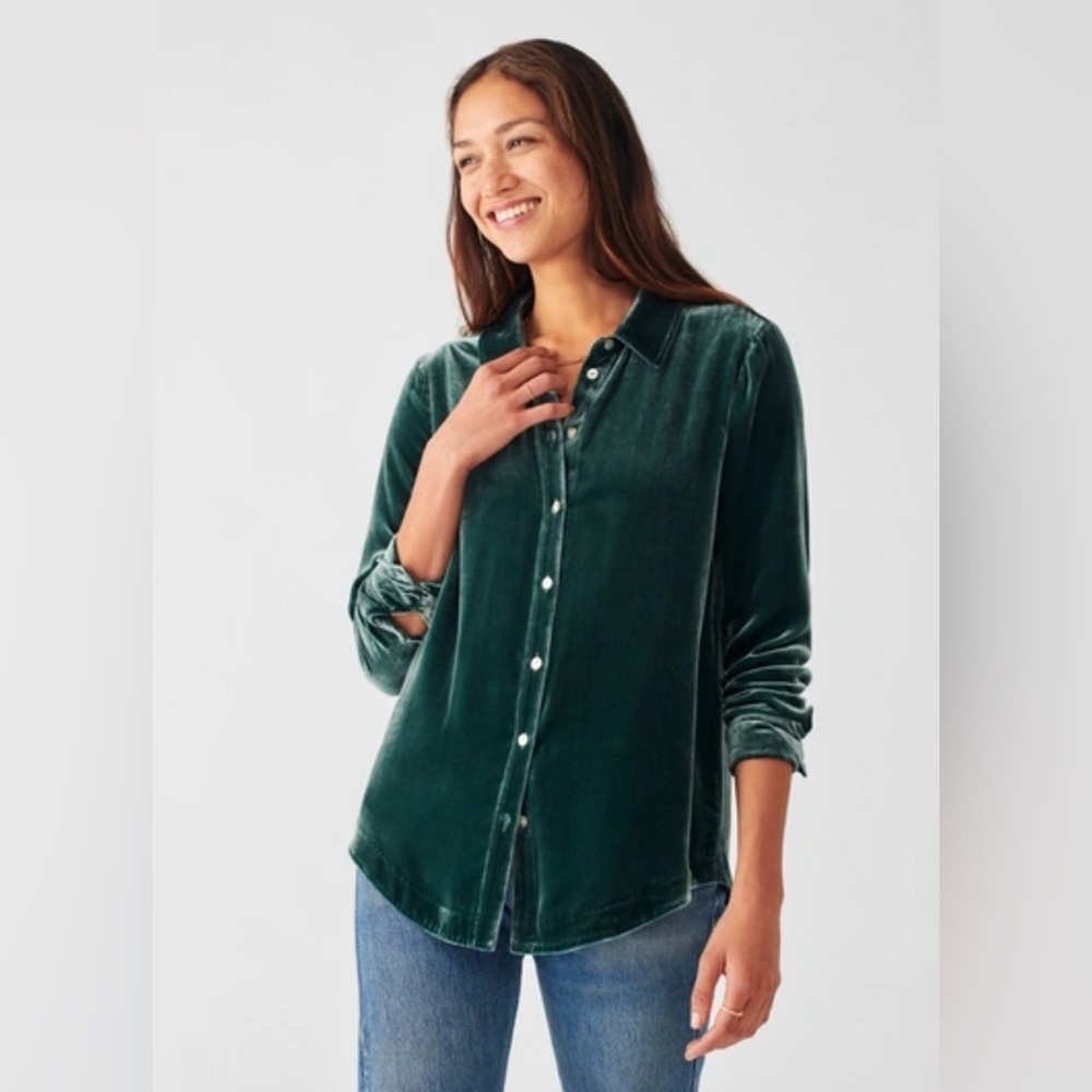 Faherty Shirt Women’s Emerald Velvet Silk Blend Button Front Blouse Top XS